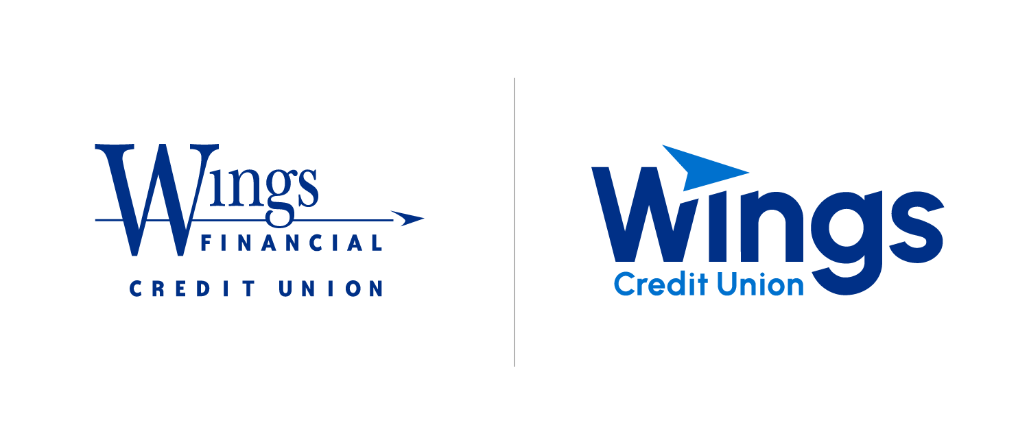 Comparison of former Wings Financial Credit Union logo on left with the new Wings Credit Union on the right.