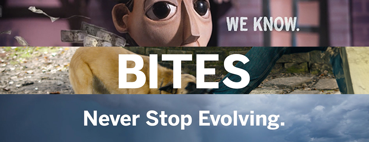 Three-part banner image with text overlays: Top section shows a puppet head with dollar bills and the text 'We Know.' Middle section shows a dog biting a person’s leg with the text 'BITES.' Bottom section shows a cloudy sky with the text 'Never Stop Evolving.'