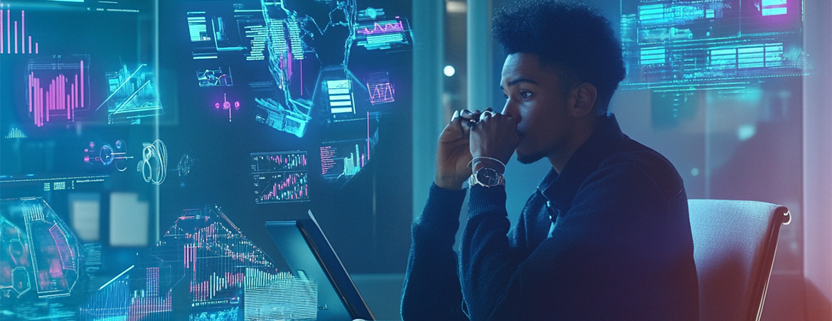 A man sits at a desk in a modern, tech-filled environment, analyzing data displayed on multiple holographic screens.