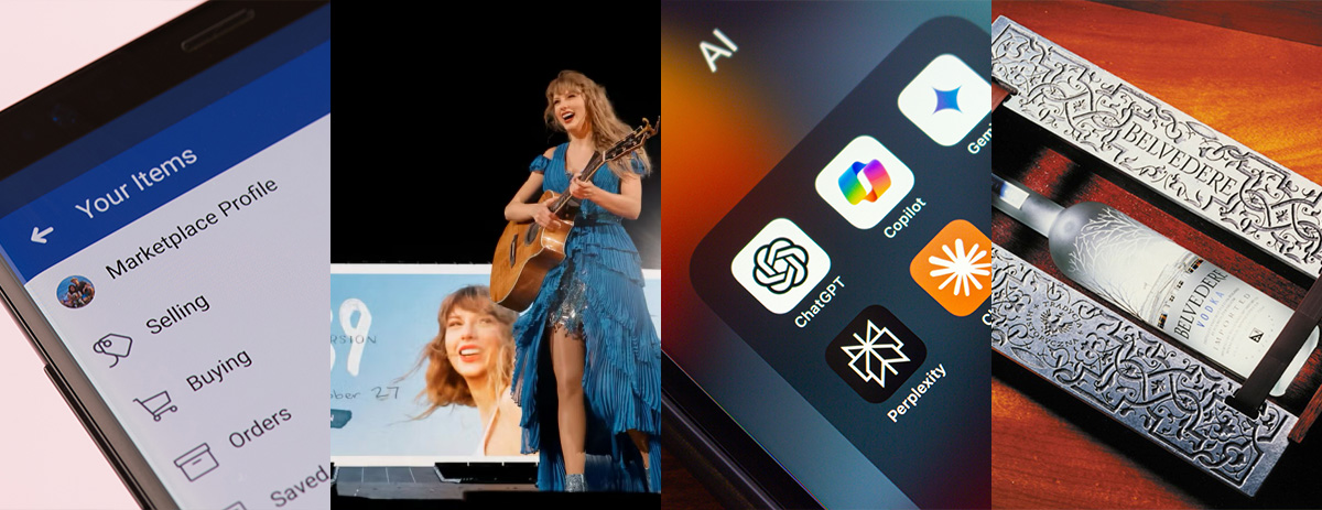 A collage of four images: a close-up of a marketplace app showing "Your Items," a woman playing guitar on stage with a large screen in the background, a smartphone screen displaying AI-related app icons, and an ornate box containing a bottle of Belvedere vodka.