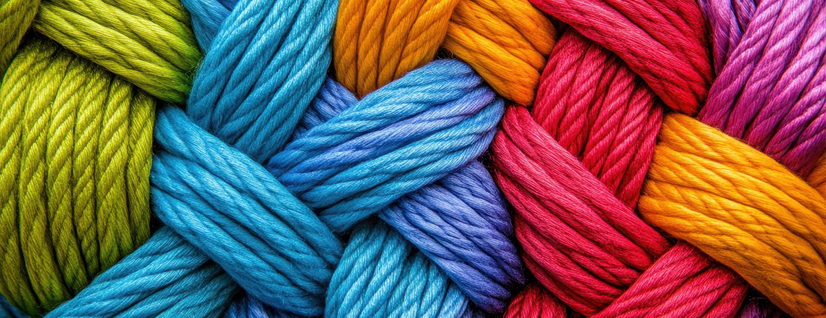 Close-up of colorful braided yarn threads woven together in green, blue, orange, red, and purple.