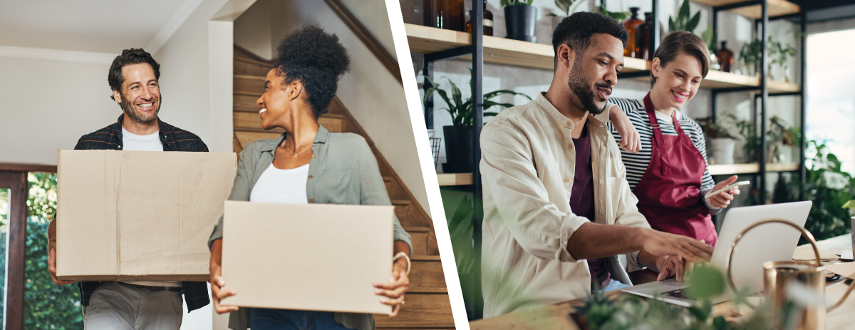 Split image showing first-time homebuyers with boxes and two small-business owners at a laptop, illustrating different credit union member needs.