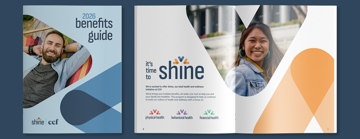 Open employee benefits guide titled ‘2026 benefits guide’ and ‘it’s time to shine,’ featuring smiling employees and a clean, branded layout highlighting physical, behavioral, and financial health programs.