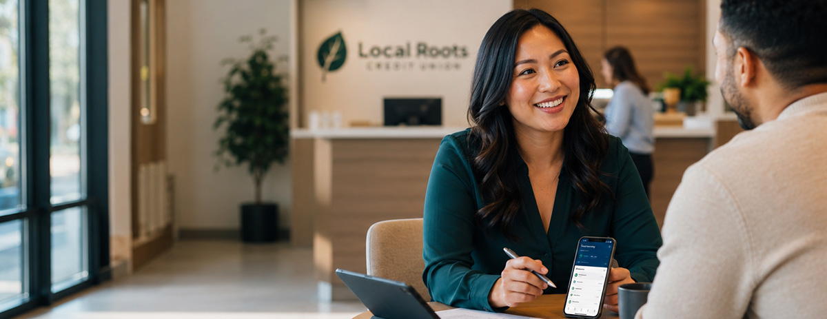 A smiling credit union representative shows a mobile app to a member in a branch lobby.